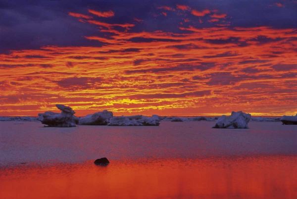 Canada, Hudson Bay Ice floes on water at sunset